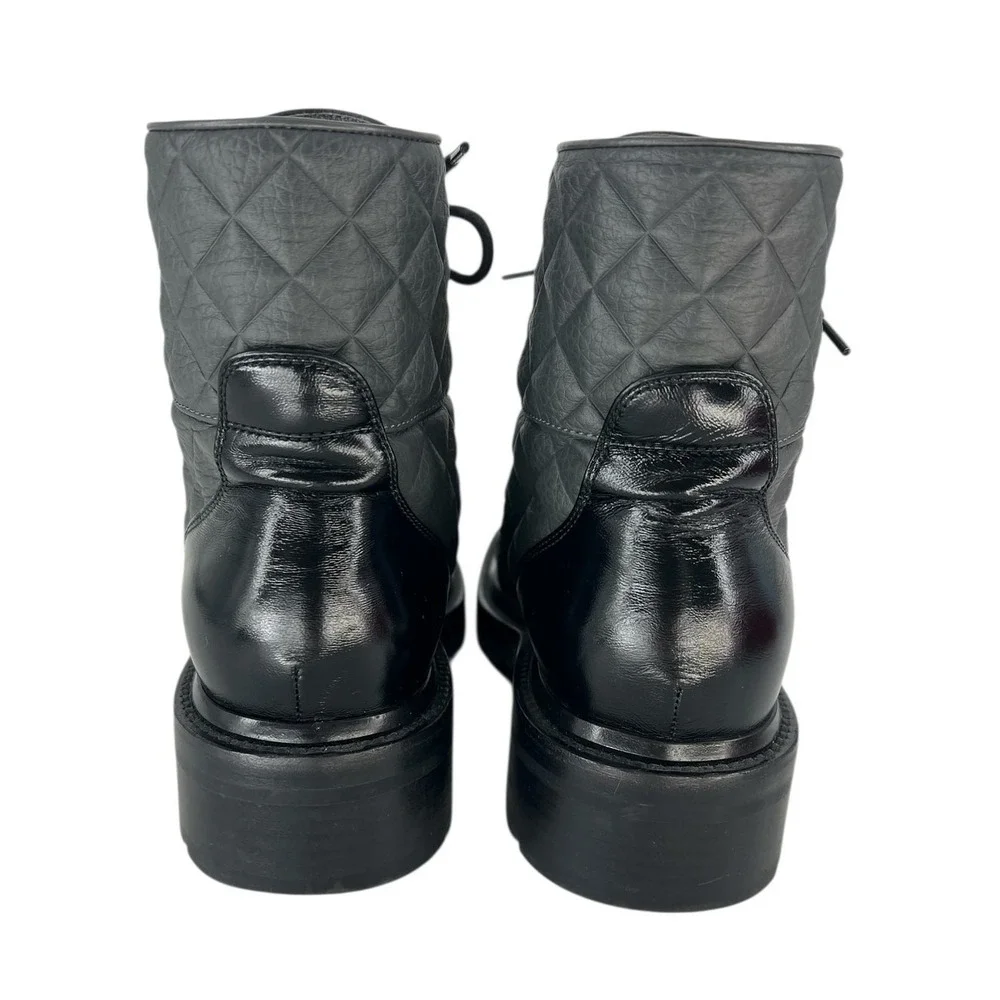 Chanel 2022 CC Chain Quilted Cap Toe Logo Combat Boots in Gray & Black Size 39.5
